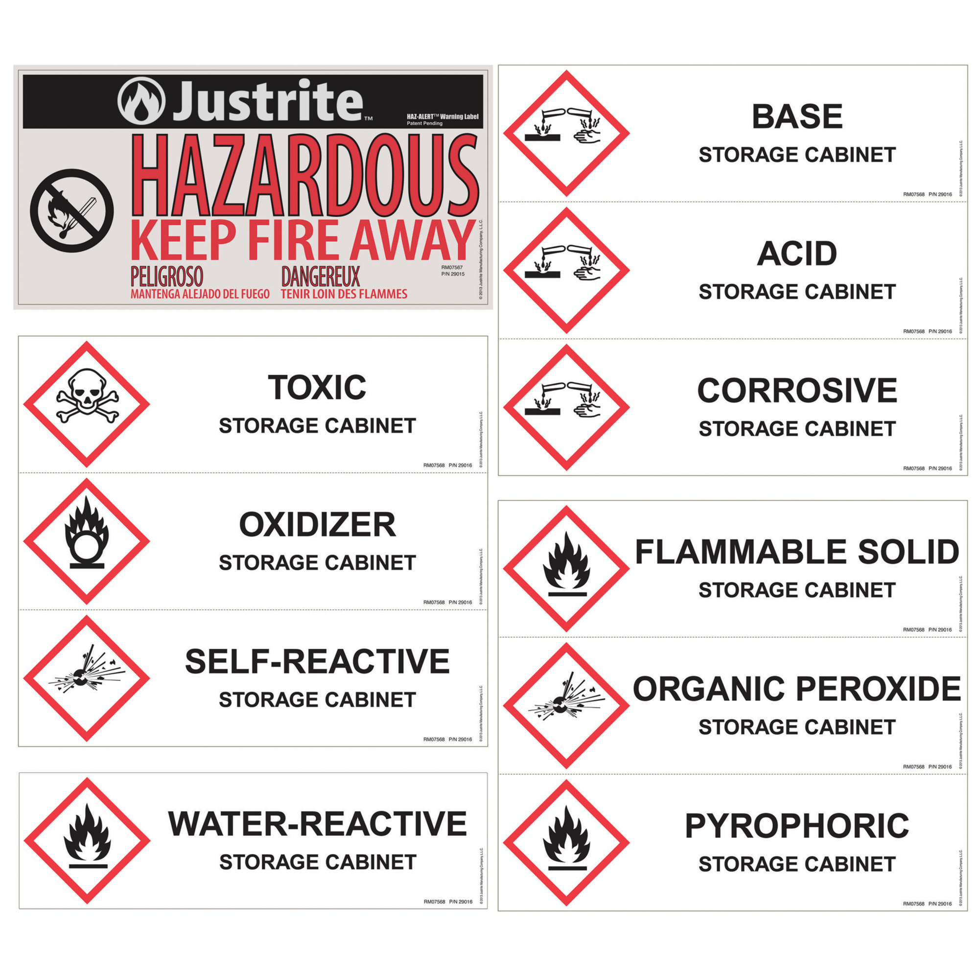 Justrite Replacement/Retrofit Label Pack for Hazardous Material Cabinets — Compliant with NFPA 1, NFPA 400, and IFC Codes, Model# 29017